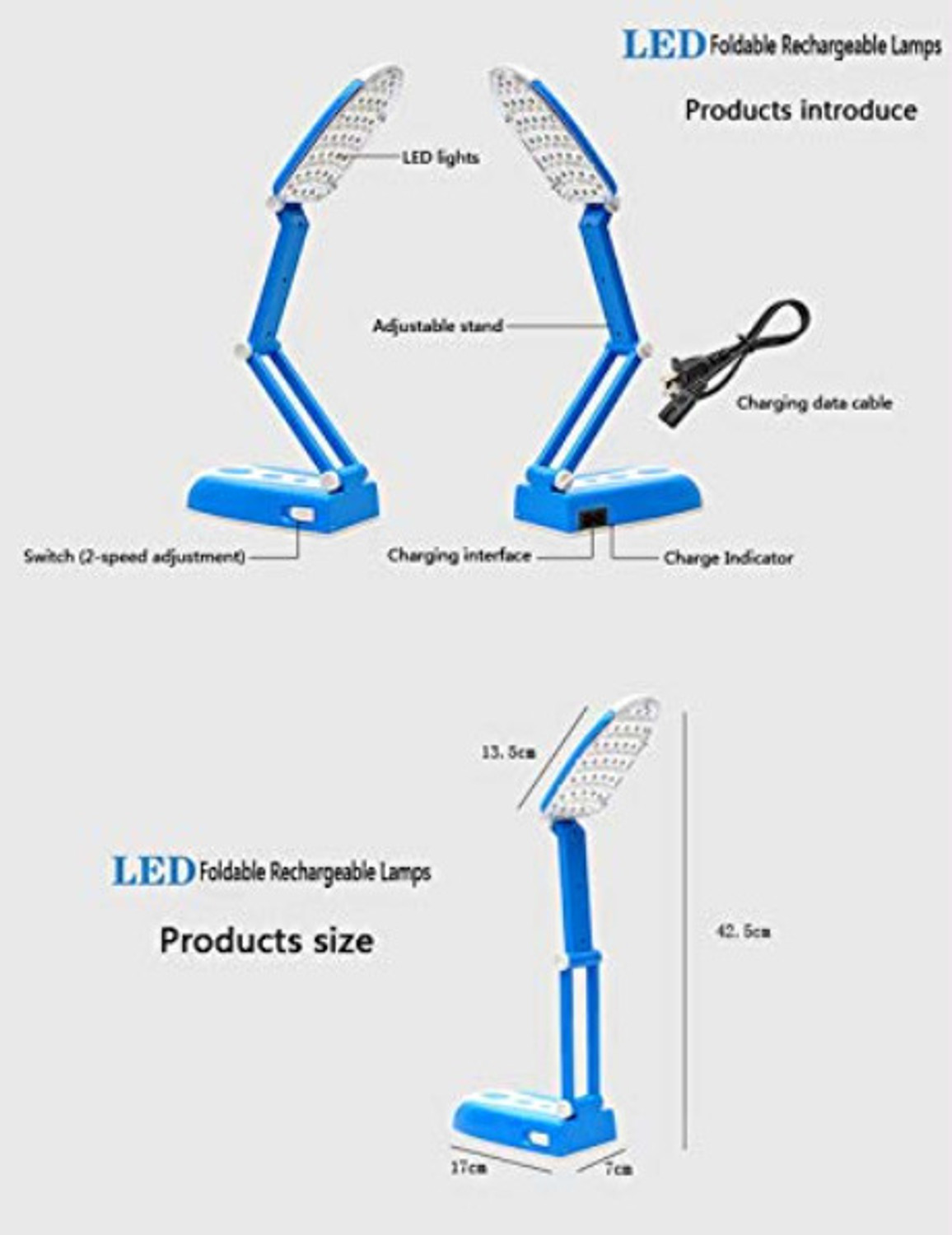 Image of Solar ease Foldable LED Desk Lamps Rechargeable Switch Desk Light for Study Reading Table Study Lamp (9 cm, Blue, White)