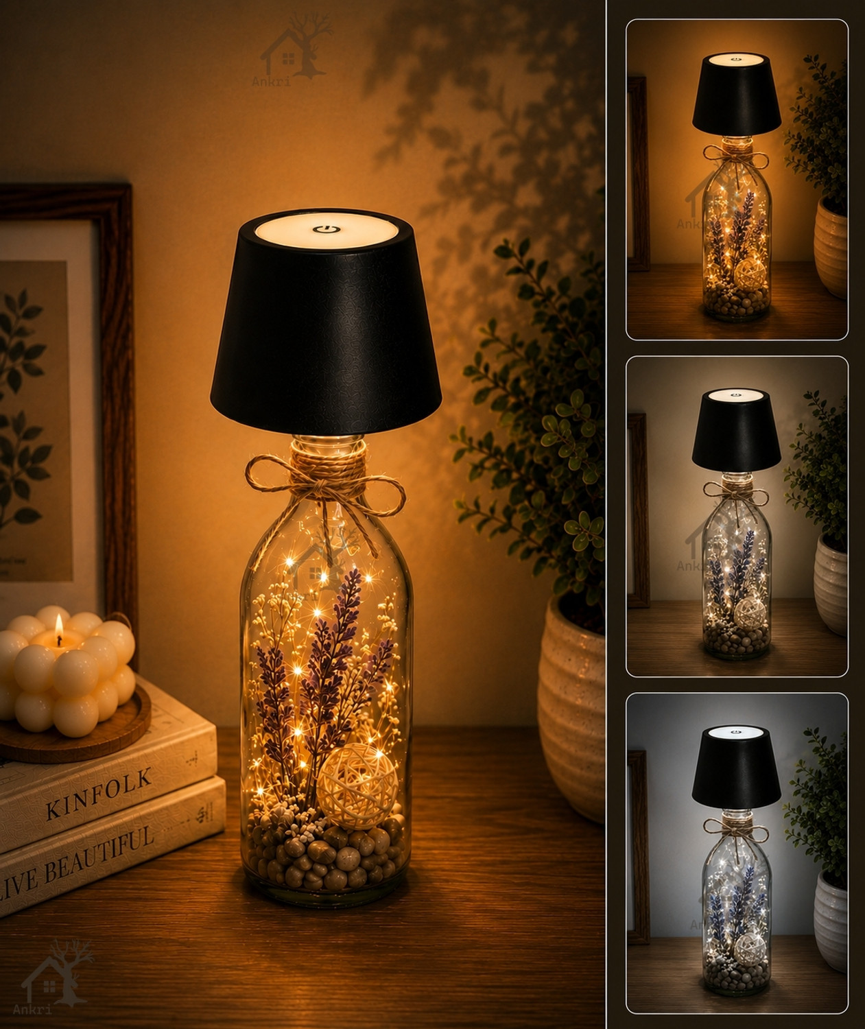 Image of ROSE KULI Wireless Bottle Light 3 Color Stepless Dimming Rechargeable Touch Control Bottle Night Lamp (14 cm, Black)