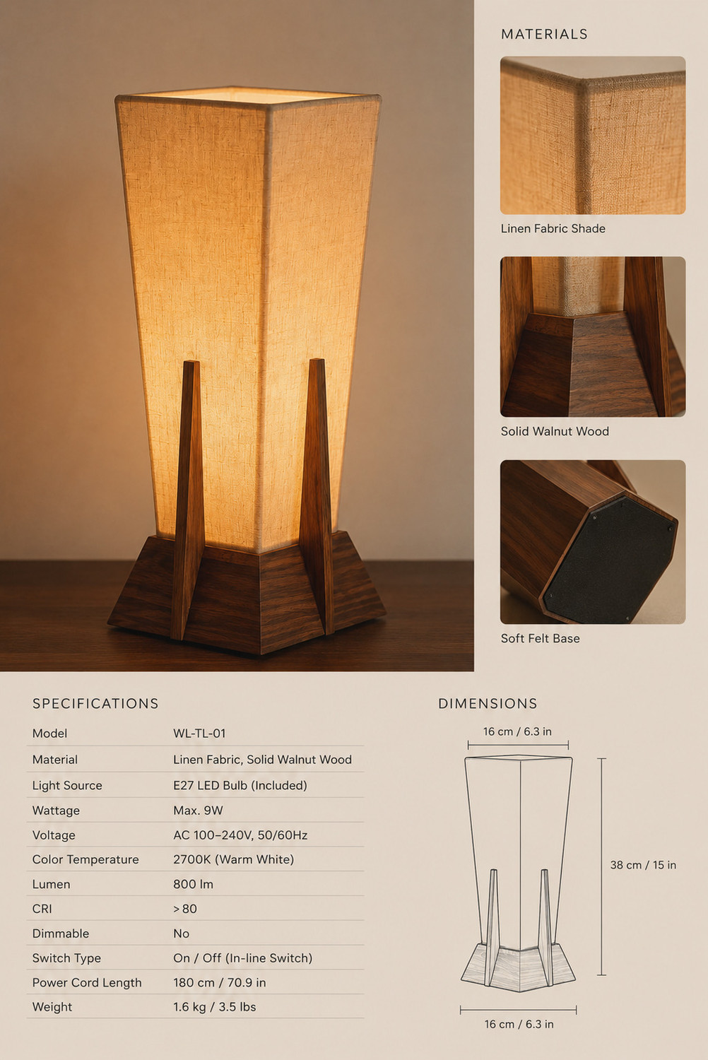 Image of Sadanand Aqualux Auric Glow Table Lamp Table Lamp (38 cm, Warm Walnut, Midnight Oak)