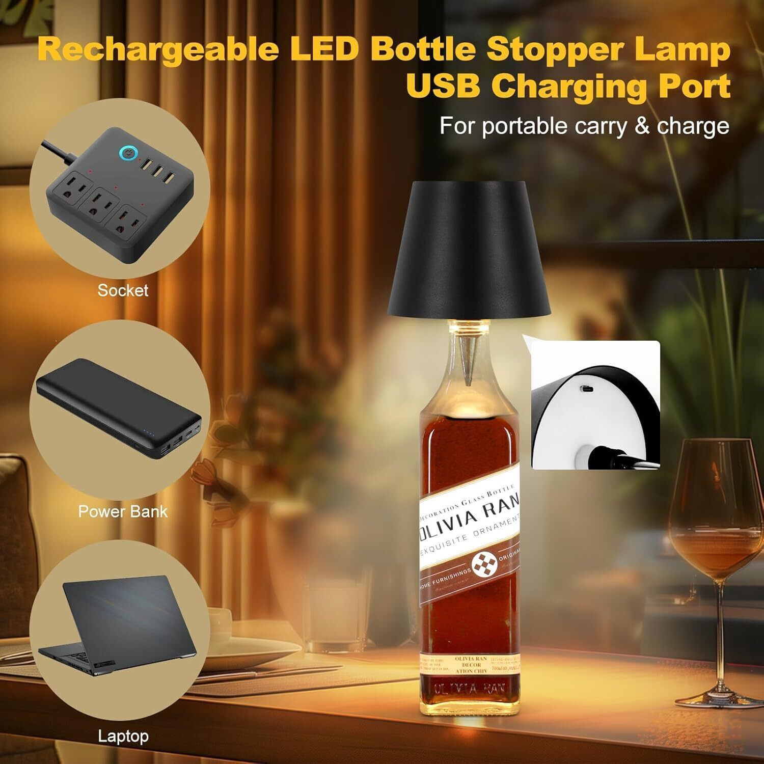 Image of ROSE KULI Wireless Bottle Light 3 Color Stepless Dimming Rechargeable Touch Control Bottle Night Lamp (14 cm, Black)