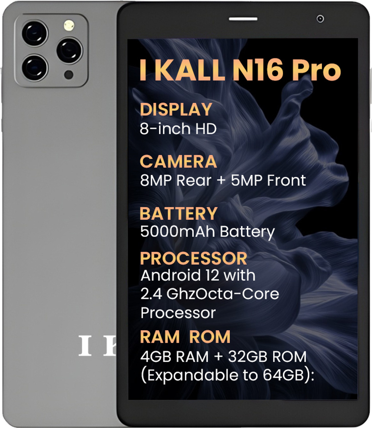 Image of I Kall N16 PRO Tablet - 5000mAh Battery, Powerful Octa-Core Processor & 8MP Rear Camera 4 GB RAM 32 GB ROM 8 inch with 4G QUAD-CORE Tablet (Grey)