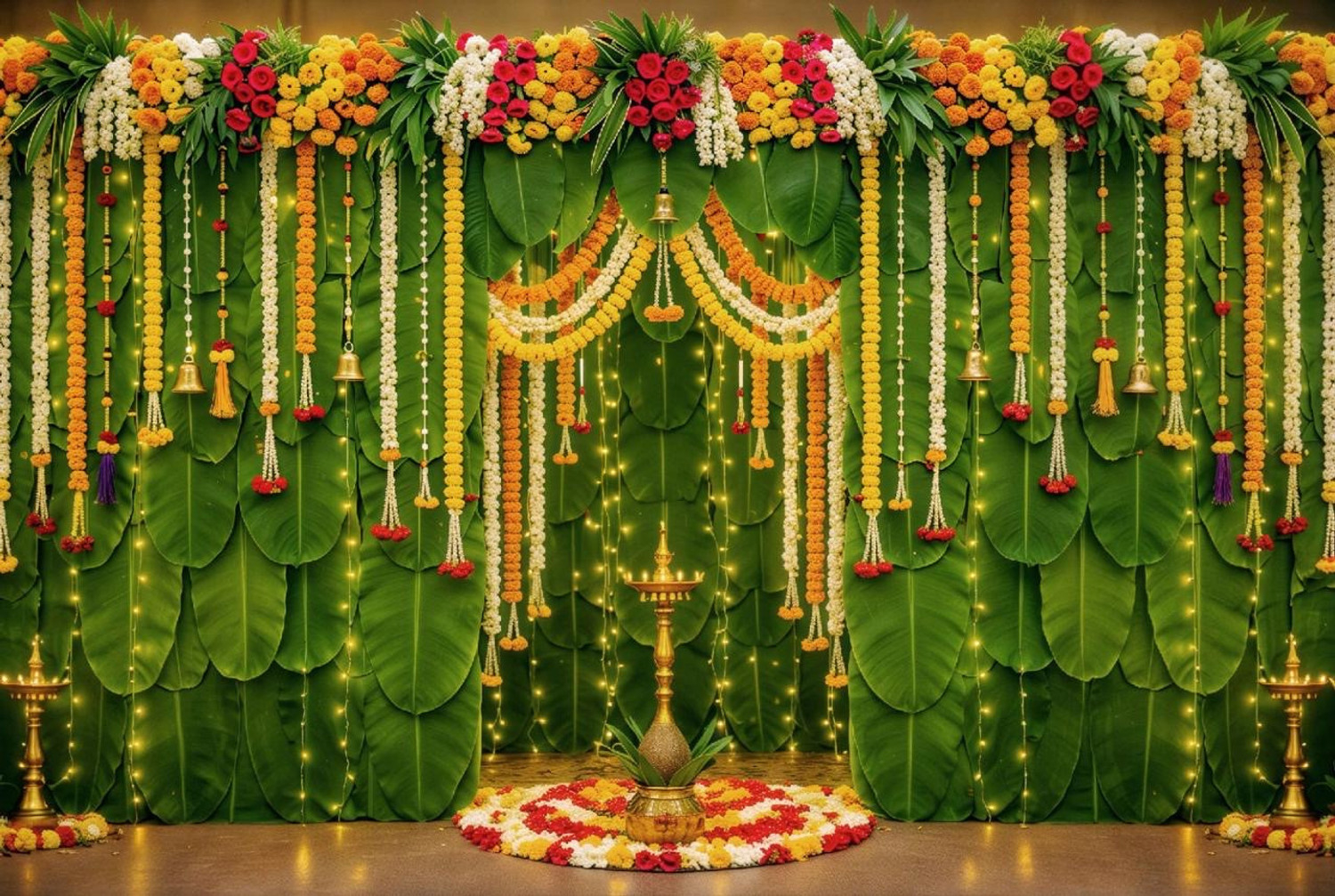 Arya Green Banana Leaf Tapestry with Lighting and Roses - Image 4