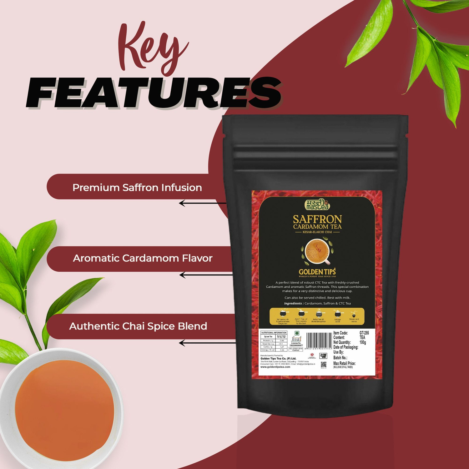 Image of Golden Tips Exotic Kesar Elaichi Unflavoured Black Tea Pouch (100 g)