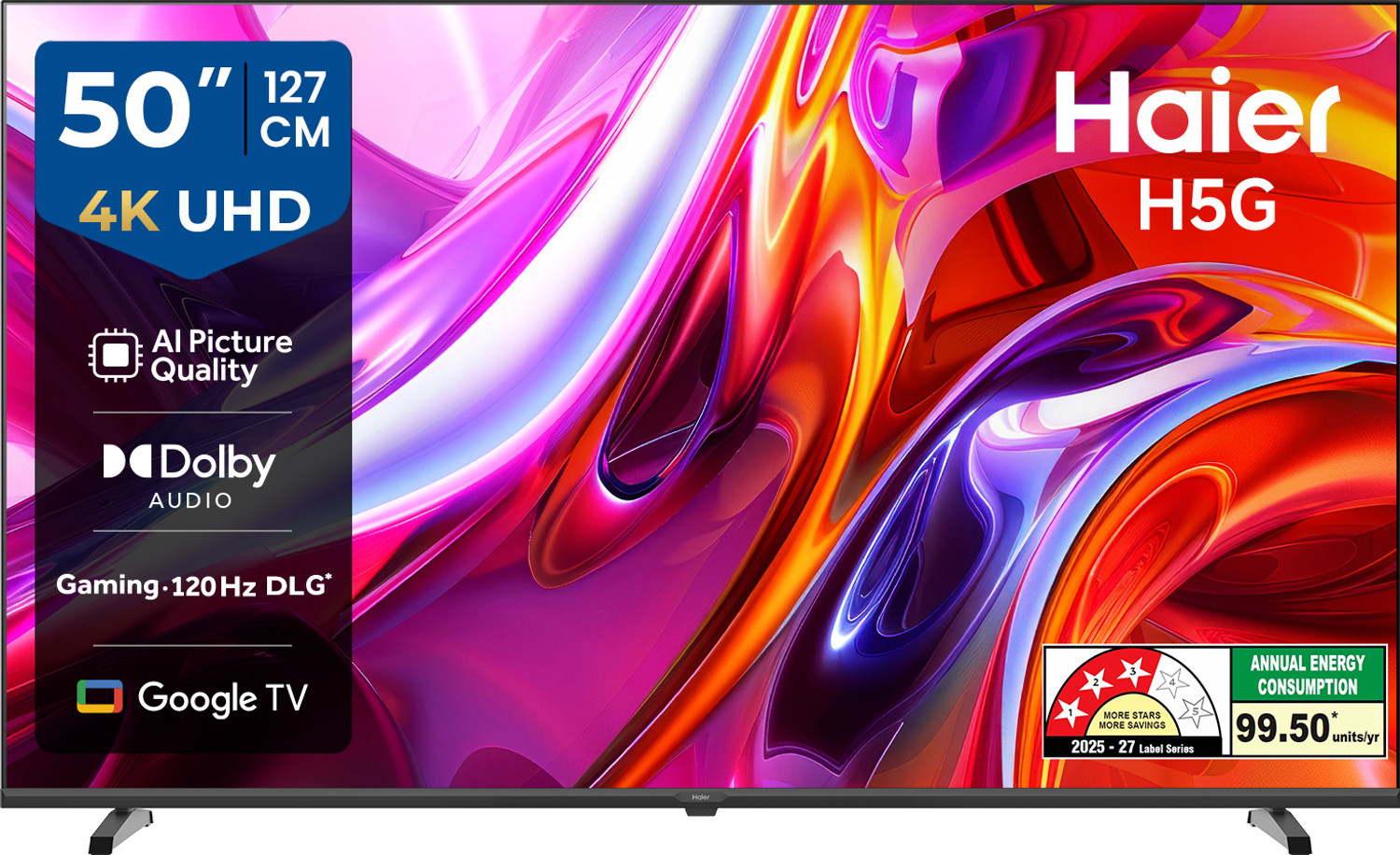 Haier H5G 126 cm (50 inch) Ultra HD (4K) LED Smart Google TV 2026 Edition with Voice Assistance Remote Control HDR10 MEMC Dolby Audio Total Sonic Chromecast Built-in Dual Band Wi-Fi 1.5GB RAM + 32GB ROM