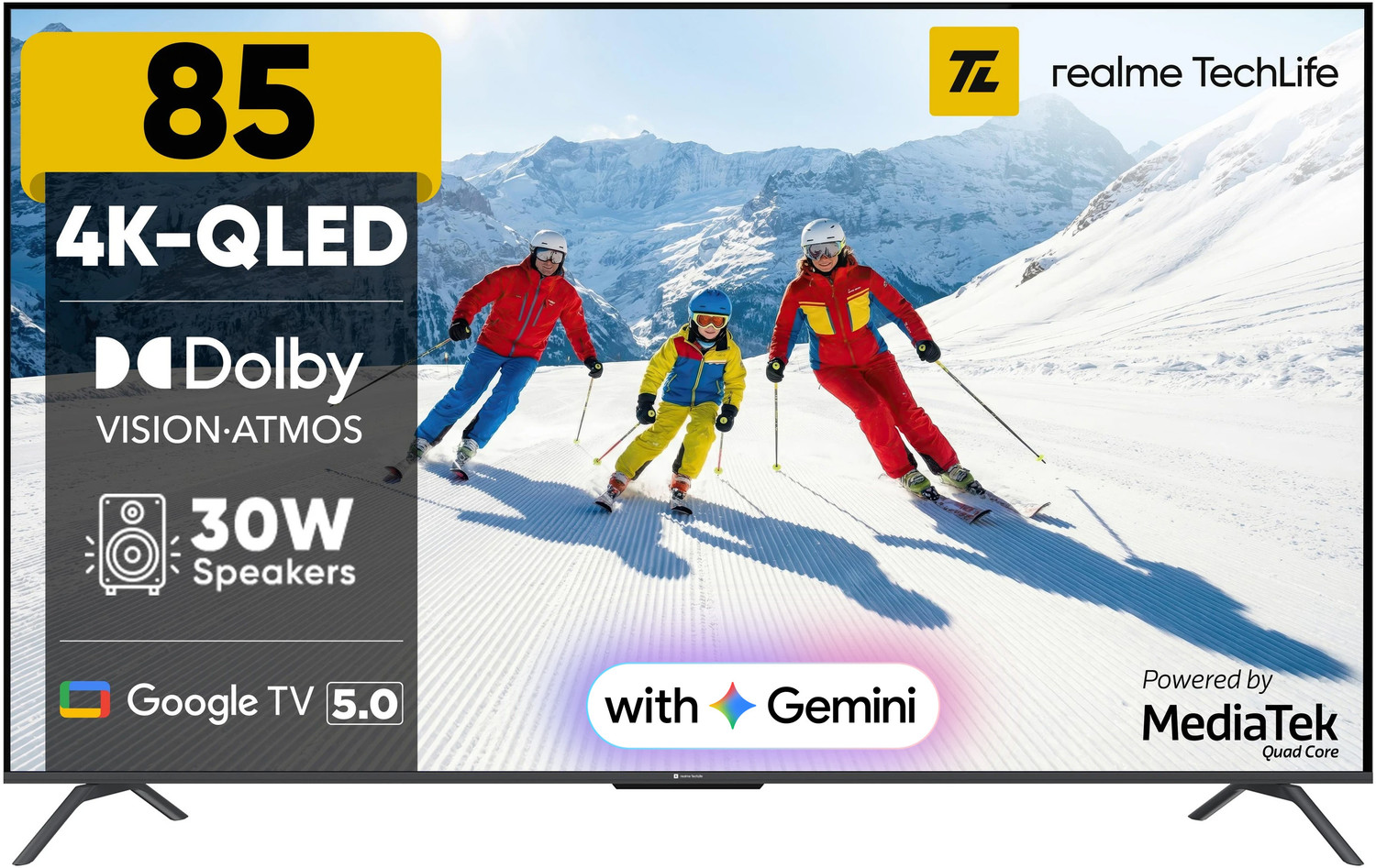 realme TechLife 215 cm (85 inch) QLED Ultra HD (4K) Smart Google TV 2026 Edition with 5.0 OS, Dolby Audio, and 30 W downfiring speaker