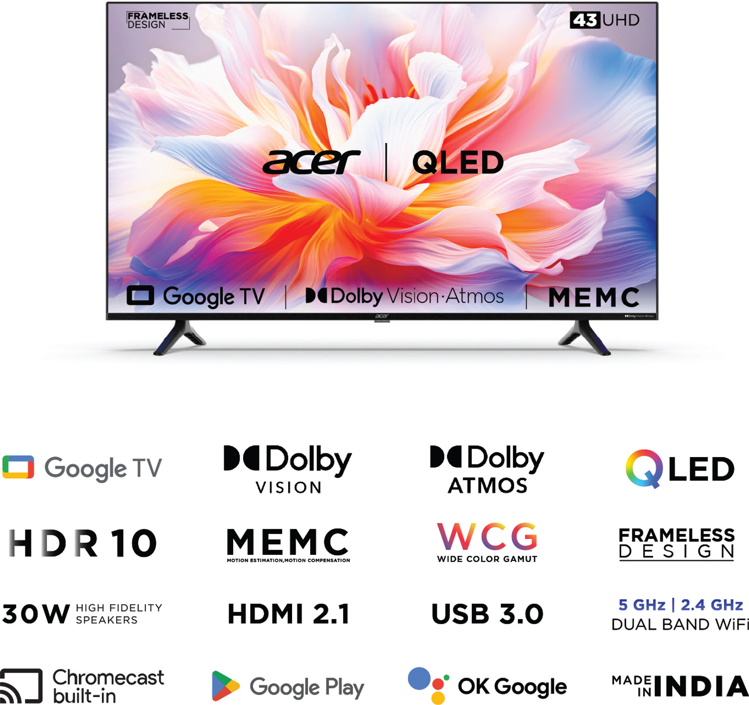 Image of Acer V Series 108 cm (43 inch) QLED Ultra HD (4K) Smart Google TV with Dolby Vision-Atmos, MEMC, HDMI2.1 (AR43GR2851VQD)