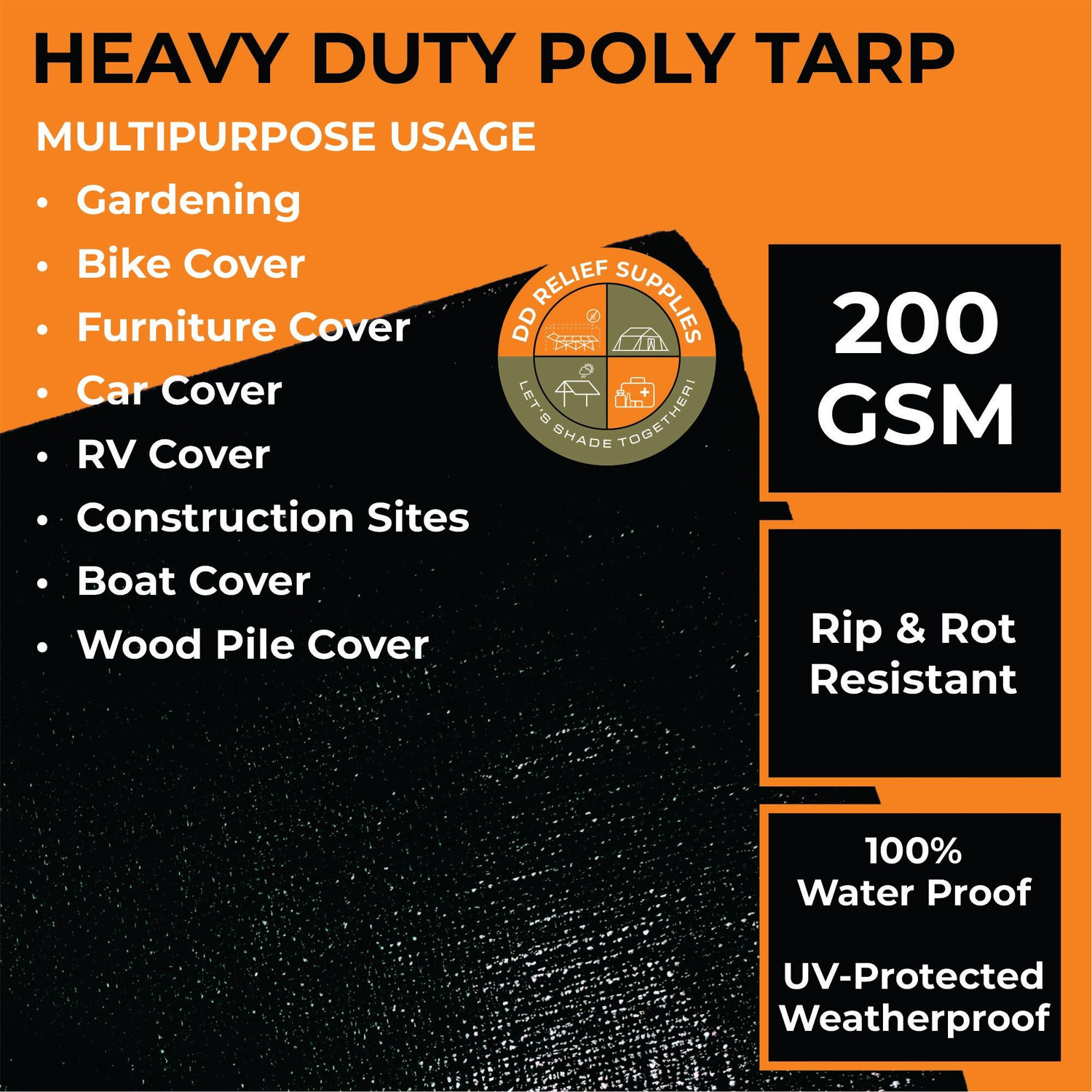 Image of DDRS 12X9 200 GSM Outdoor Tarpaulin for Camping, Canopy, Trailer Tent - For Outdoor, Construction, Camping, Truck Cover, Roof Cover, Garden (Black)