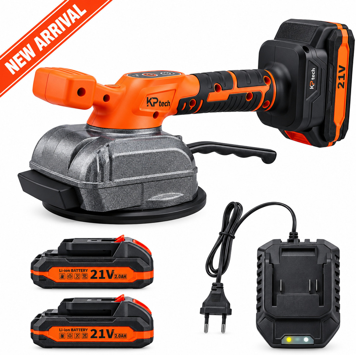 KP TECH Tile Vibrator 21V 2.0Ah, 320W, 120mm Suction Cup, 15000 VPM, 2 x 2.0Ah Battery Handheld Tile Cutter
