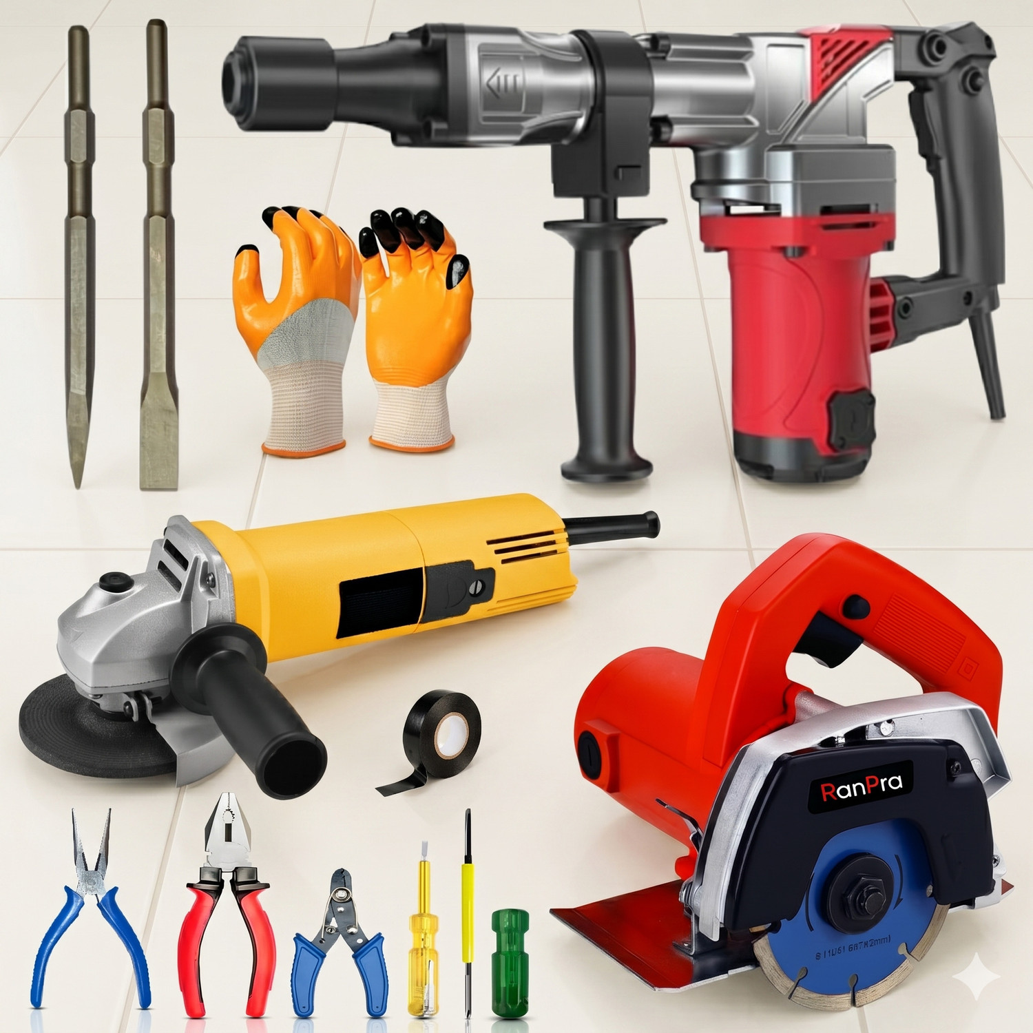 Image of RanPra COMBO OF 4INCH TILE /MARBLE CUTTER | 7KG DEMOLITION BREAKER | 4INCH ANGLE GRINDER Marble Cutter (1050 W)