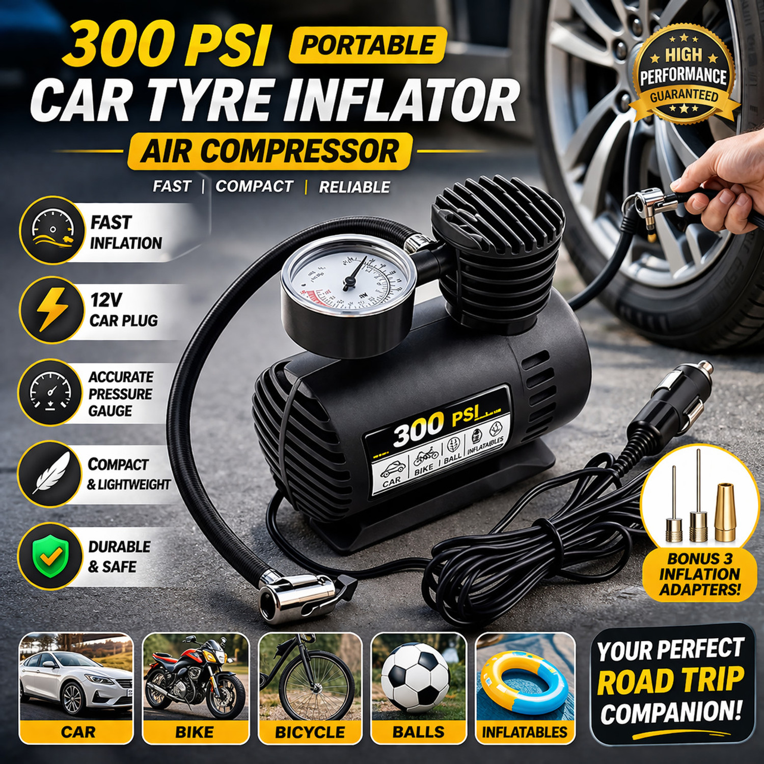 Image of MinMAX Portable Car Air Compressor 300 psi Tyre Air Pump for Car & Bike (Air Inflator, Air Compressor, Compact, Portable)