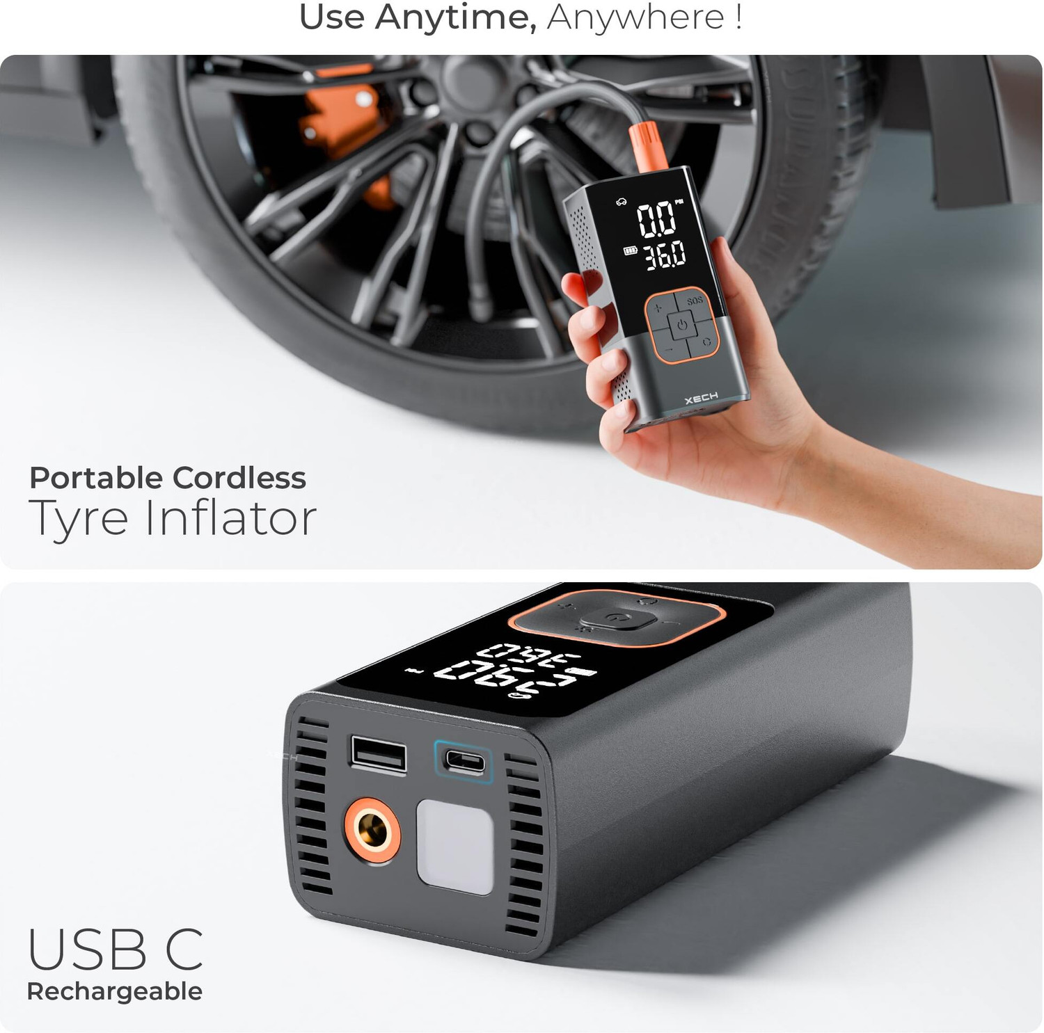 Image of xech Cordless Portable Inflator X-442 Inflate 150 psi Tyre Air Pump for Car & Bike (Auto Shut Off)