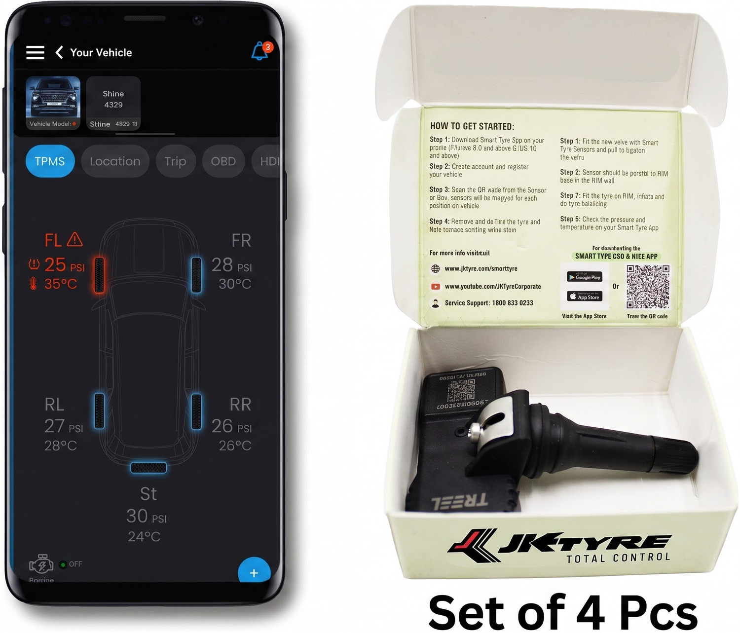 Image of JK TYRE Smart Tyre Pressure Gauge With Installation Compatible Android Auto & Carplay | Bluetooth | TPMS for Car (100 PSI)