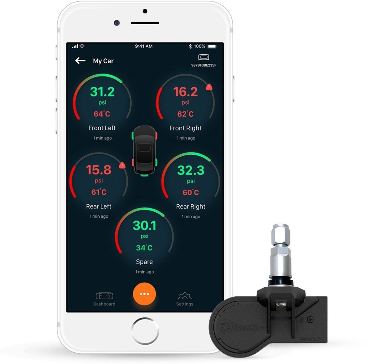 Image of JK TYRE Smart Tyre Pressure Gauge With Installation Compatible Android Auto & Carplay | Bluetooth | TPMS for Car (100 PSI)