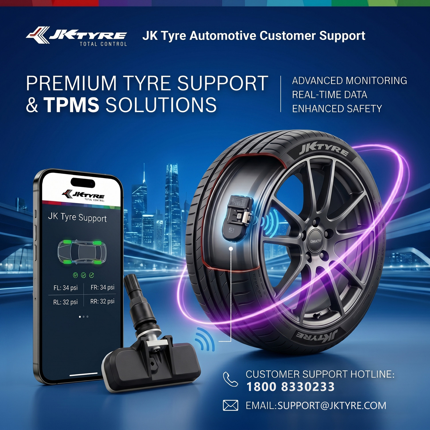 Image of JK TYRE Smart Tyre Pressure Gauge With Installation Compatible Android Auto & Carplay | Bluetooth | TPMS for Car (100 PSI)