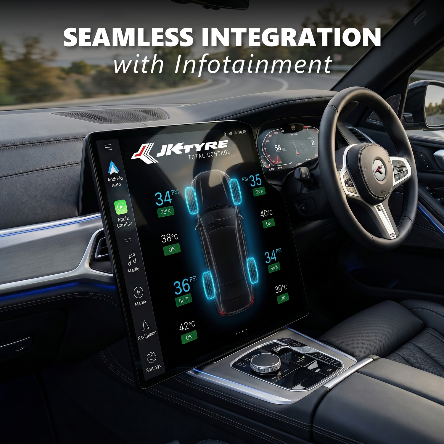 Image of JK TYRE Smart Tyre Pressure Gauge With Installation Compatible Android Auto & Carplay | Bluetooth | TPMS for Car (100 PSI)