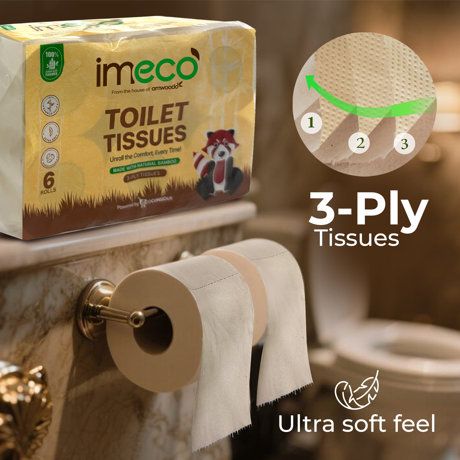 Image of IMECO Bamboo Toilet Tissue 1920 Pulls | 12 Rolls Pack | Unbleached, Soft & Absorbent | Toilet Paper Roll (3 Ply, 160 Sheets)