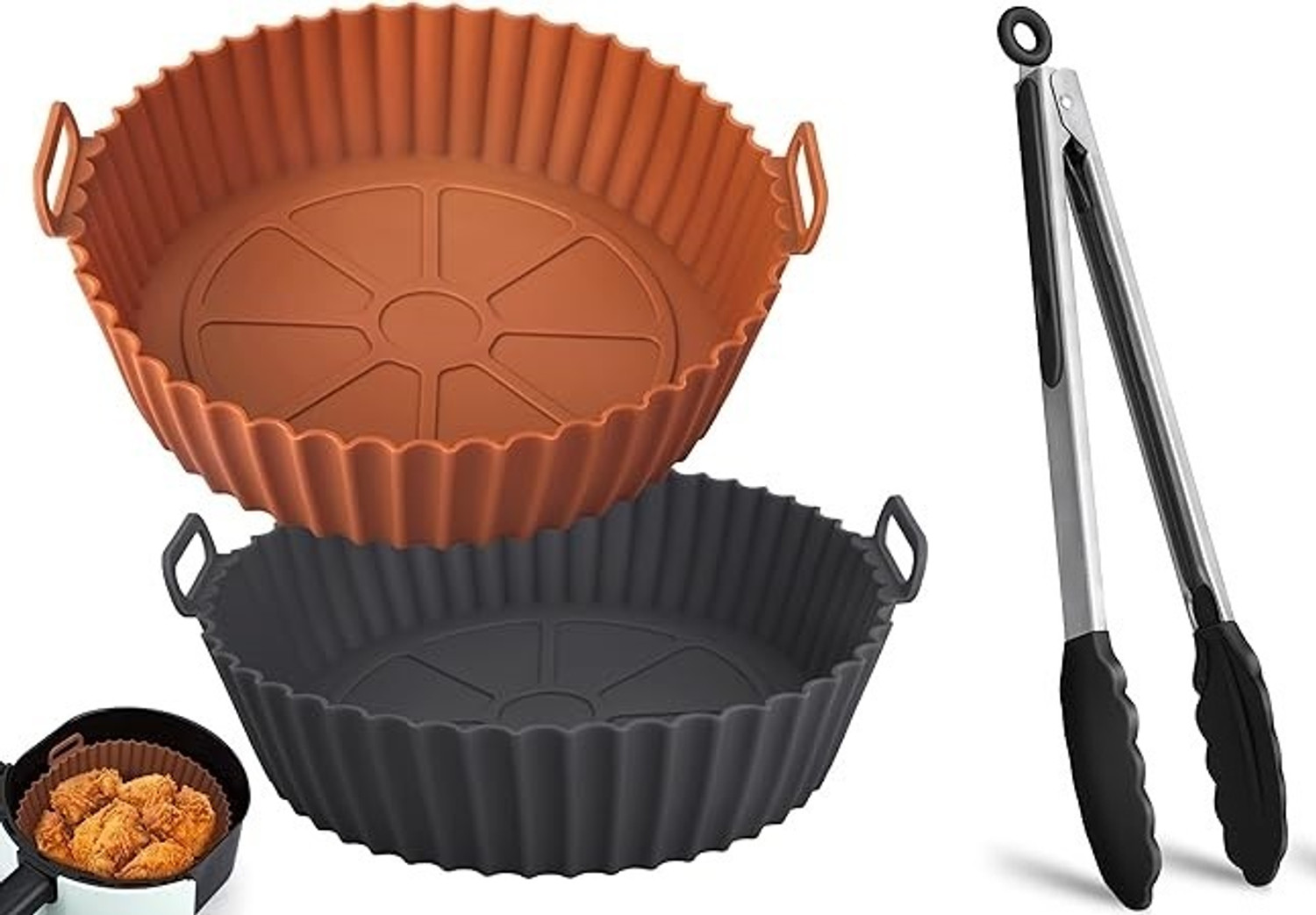 Image of DYZEKO SILICONE TONG WITH 2 PC AIR FRYER TRAY SILICONE TONG WITH 2 PC AIR FRYER TRAY (MULTI COLOUR) 22 cm Serving Tongs (Pack of 1)