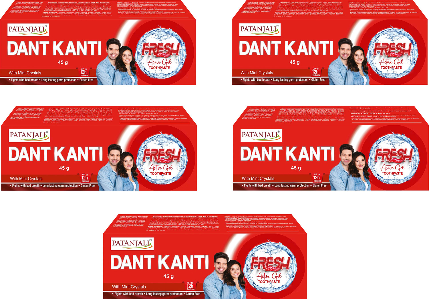 Image of PATANJALI Dant Kanti Fresh Active Gel Toothpaste (45 g, Pack of 5)