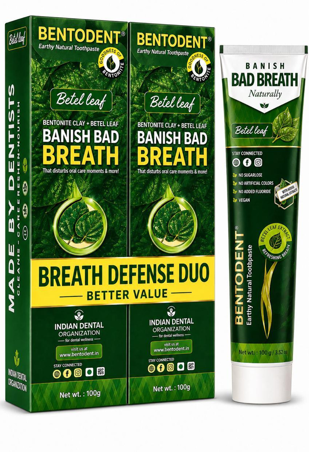 Image of bentodent Premium Mint Natural Pack of 4 Toothpaste (400 g, Pack of 4)