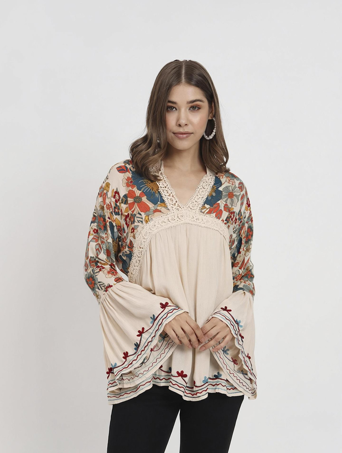 Image of Veldress Casual Bell Sleeves Floral Print, Polka Print, Embroidered Women Black Top