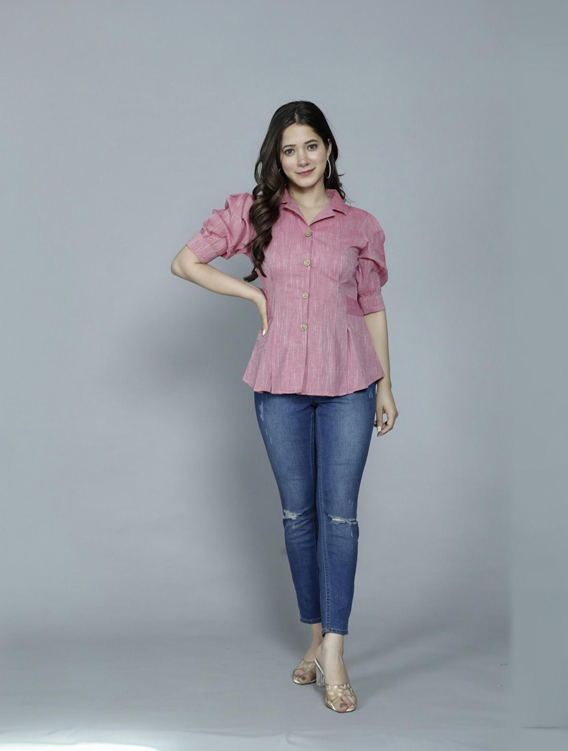 Image of THAWAR JI Casual Regular Sleeves Solid Women Pink Top