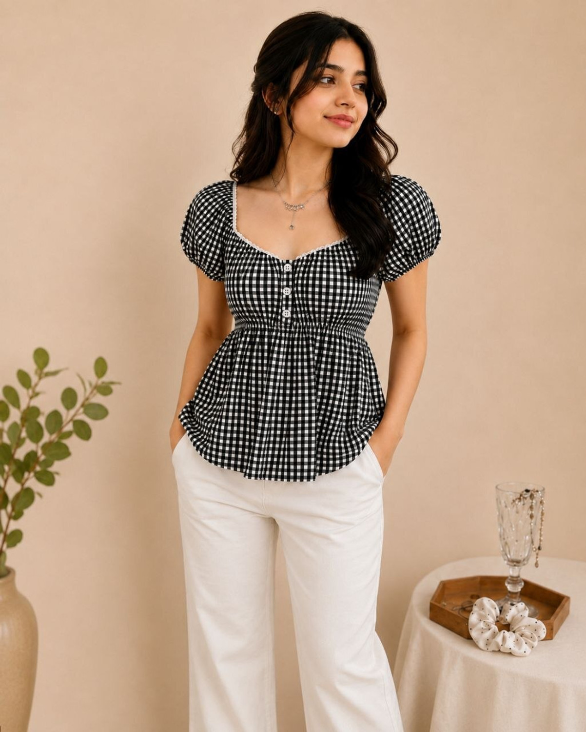 Image of Bullish Casual Puff Sleeves Checkered Women Red, White Top