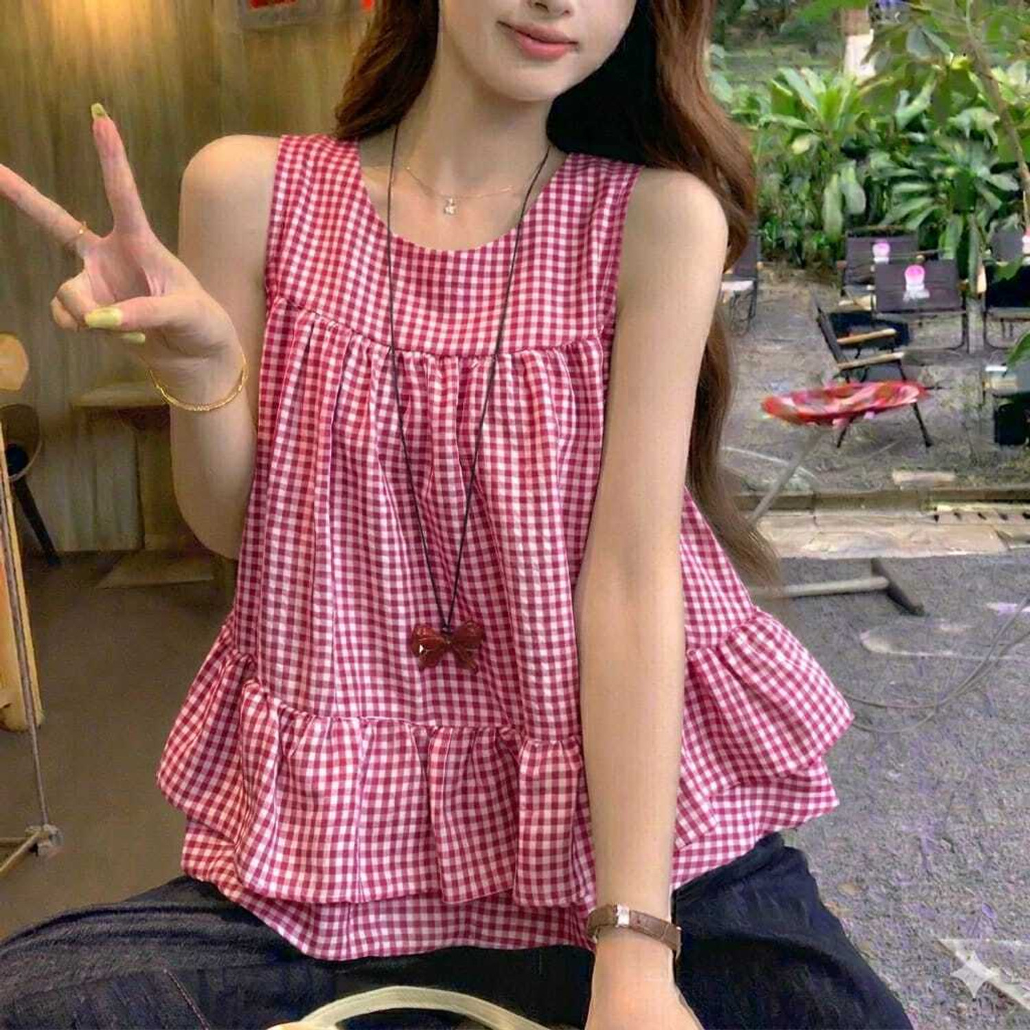 Image of A M.LIBASH Casual Sleeveless Checkered Women Blue Top
