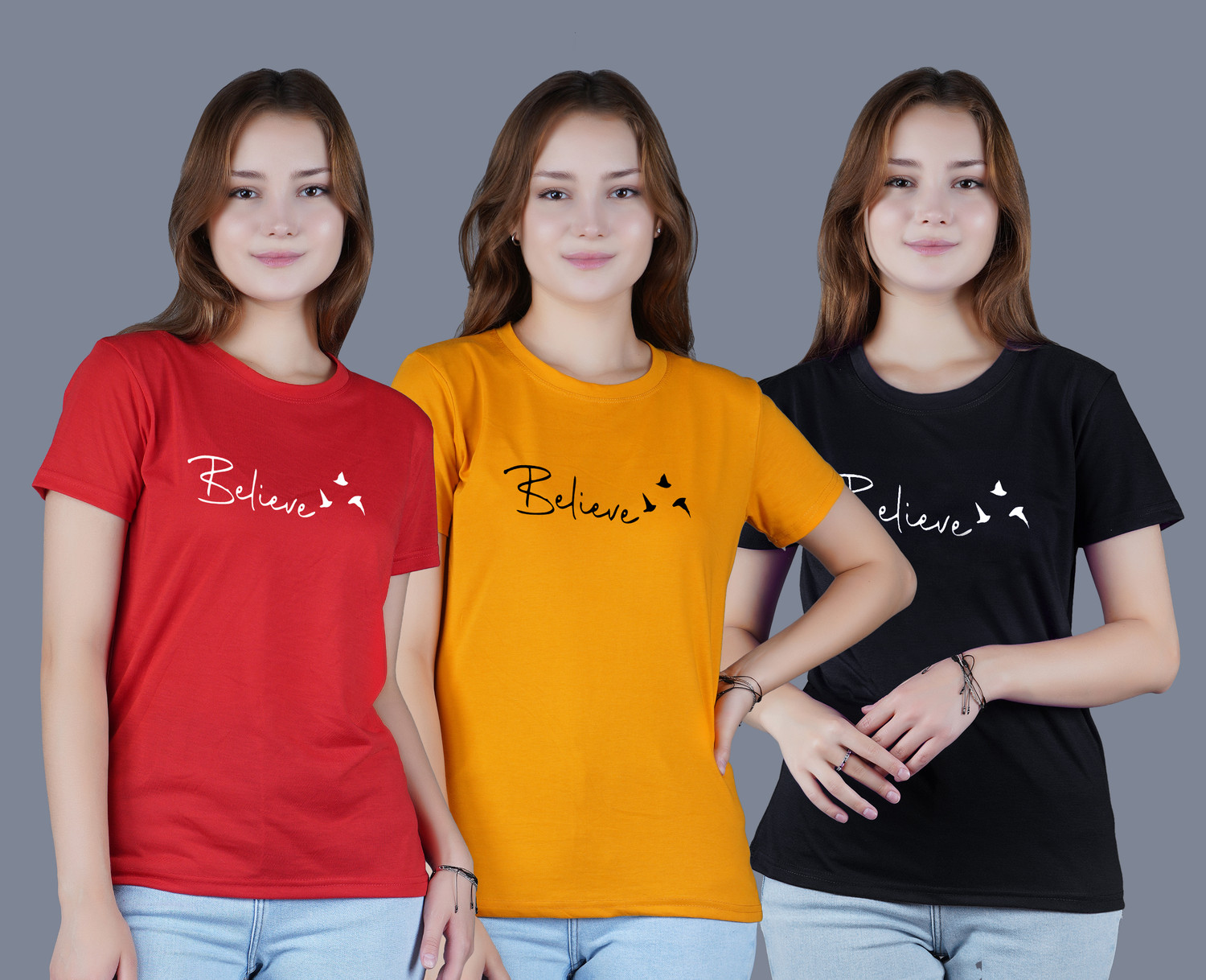 Image of ZentWorld Pack of 3 Women Printed Round Neck Cotton Blend Multicolor T-Shirt