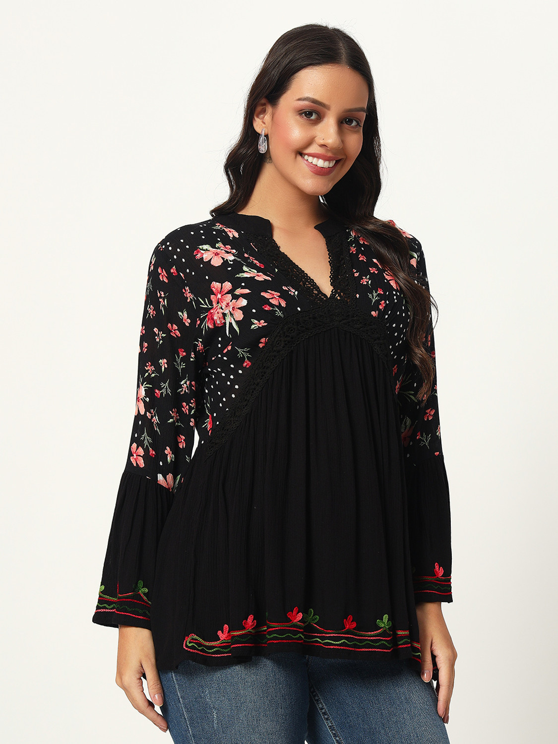 Image of Veldress Casual Bell Sleeves Floral Print, Polka Print, Embroidered Women Black Top