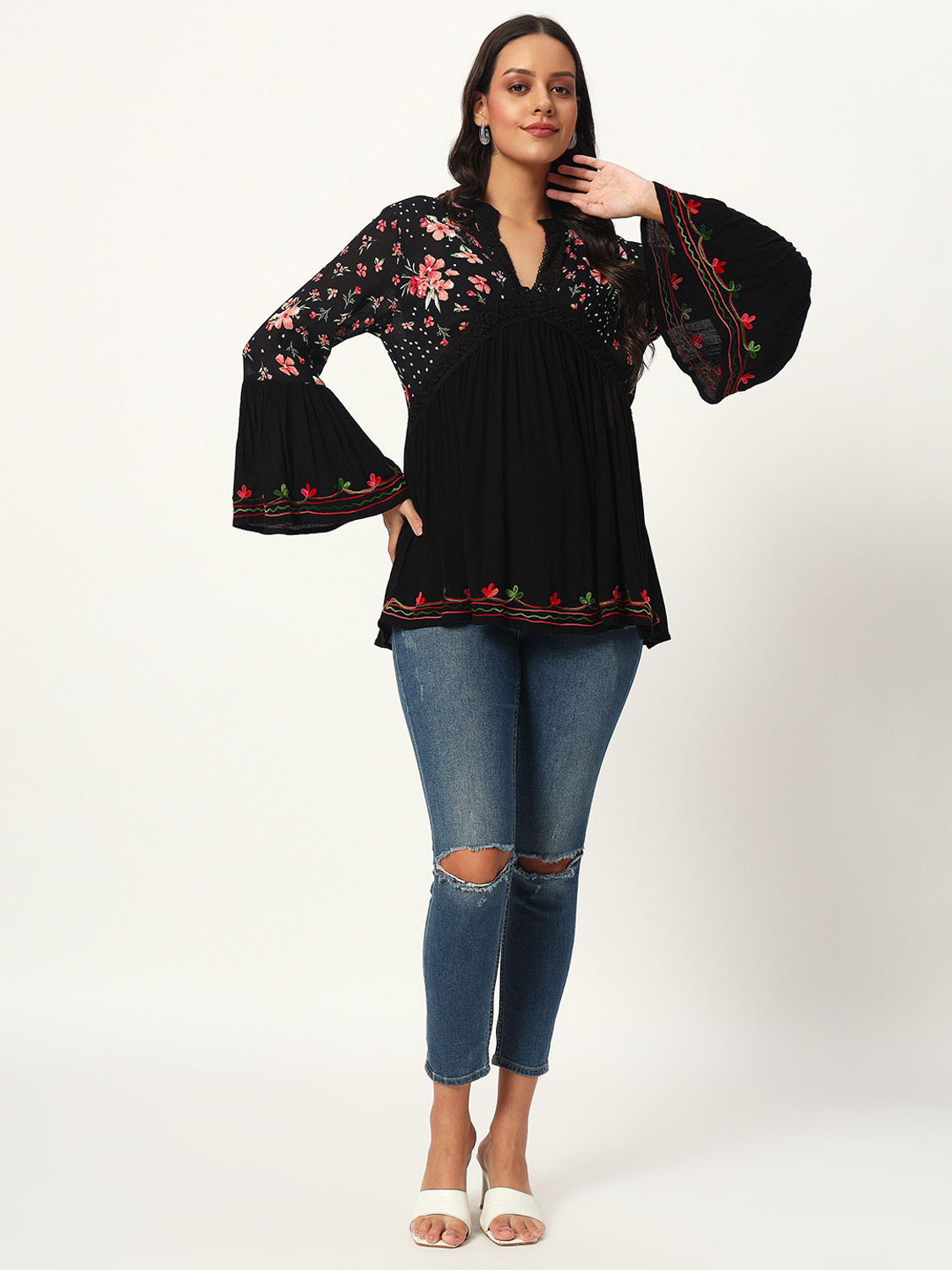 Image of Veldress Casual Bell Sleeves Floral Print, Polka Print, Embroidered Women Black Top