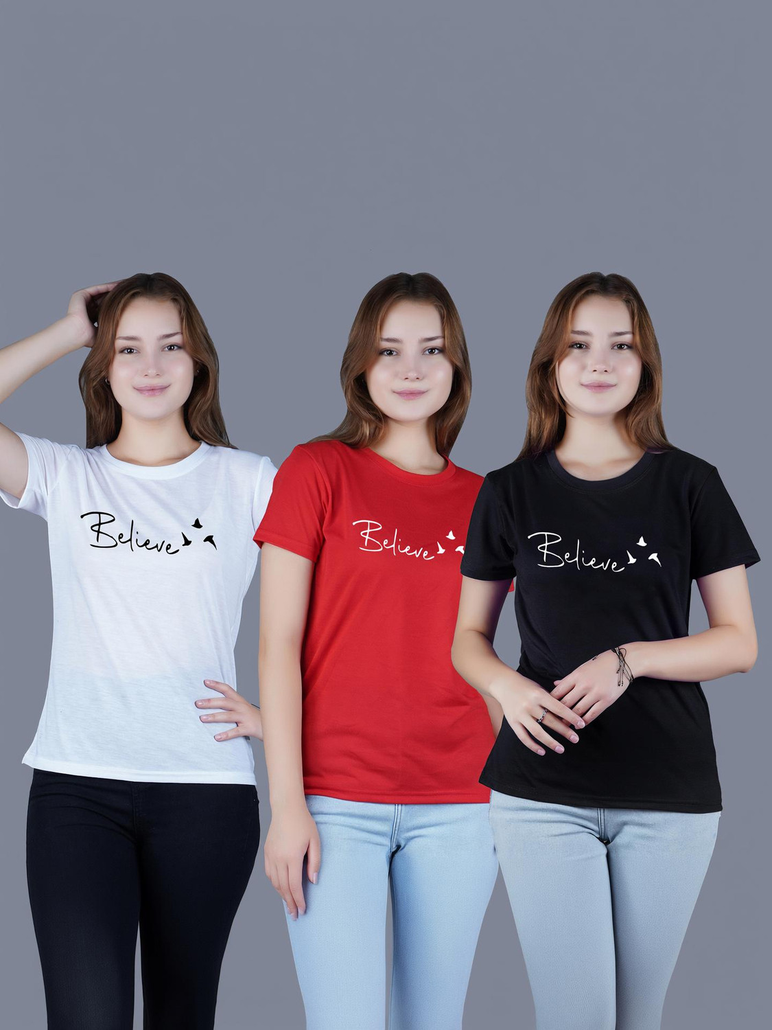 Image of ZentWorld Pack of 3 Women Printed Round Neck Cotton Blend Multicolor T-Shirt