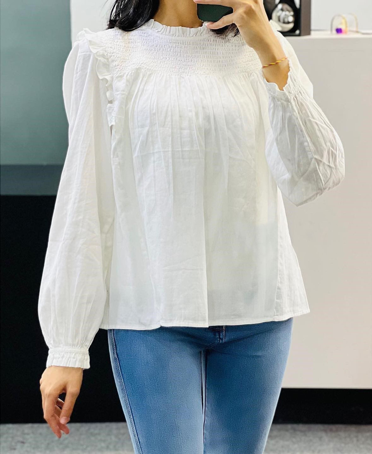 Image of Sahajanand etp Casual Balloon Sleeve Self Design Women White Top