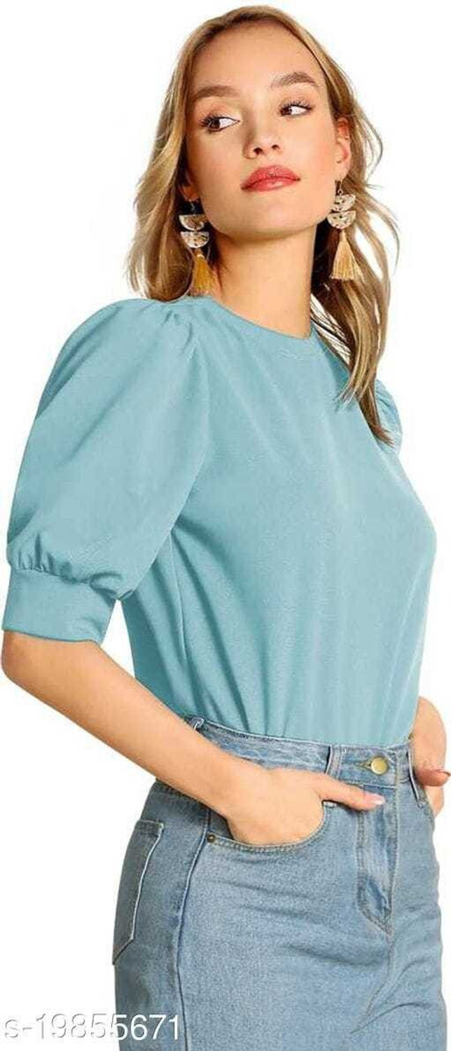 Image of KASHIAN Casual Puff Sleeves Solid Women Blue Top