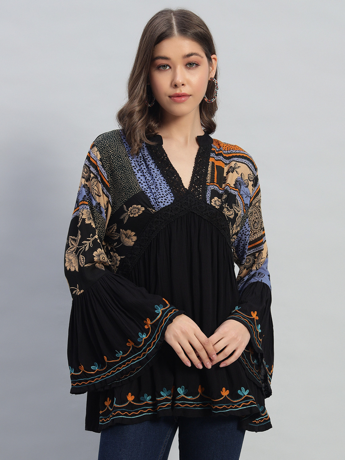 Image of Veldress Casual Bell Sleeves Floral Print, Polka Print, Embroidered Women Black Top