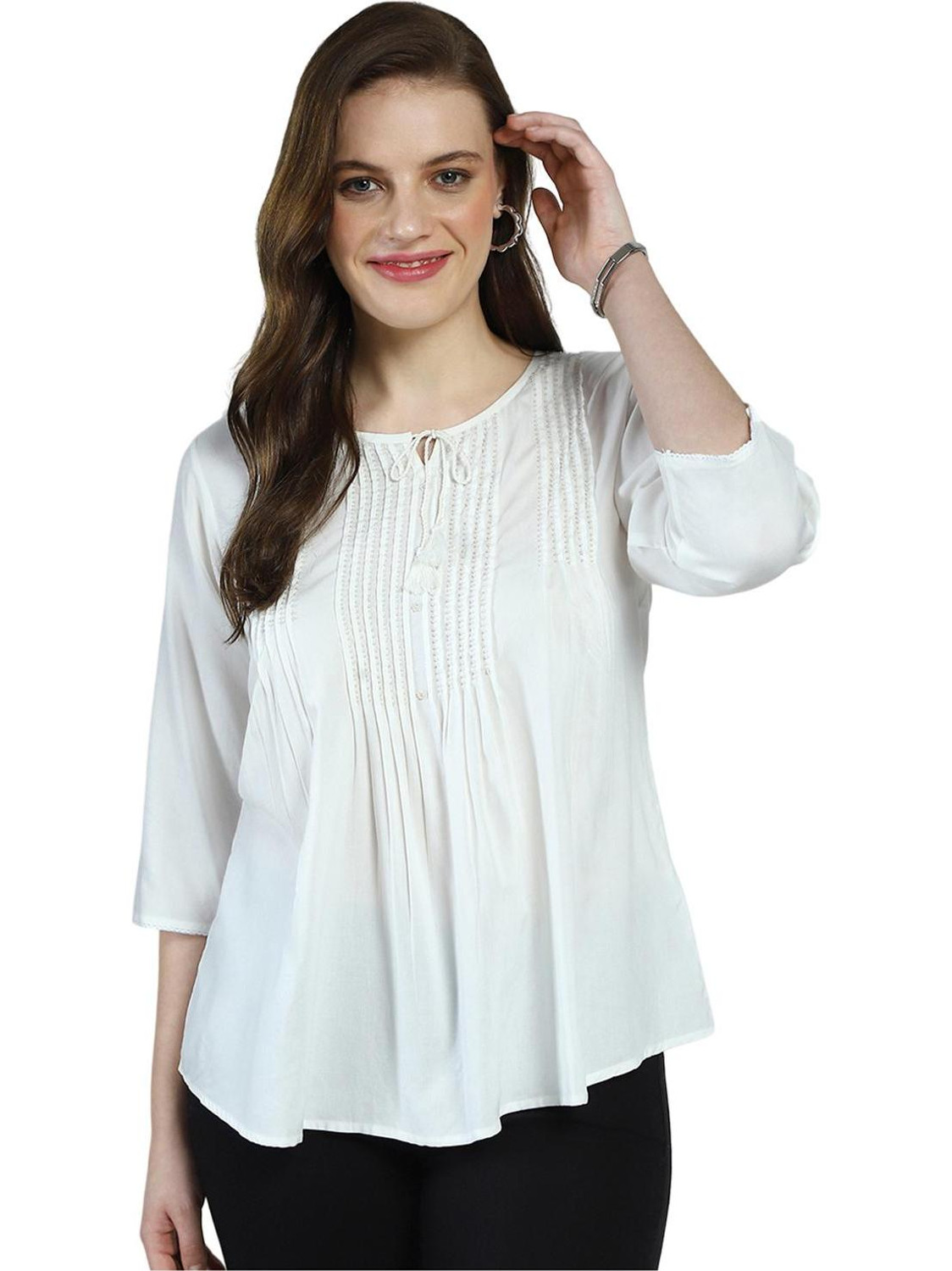 Image of Sahajanand etp Casual Balloon Sleeve Self Design Women White Top
