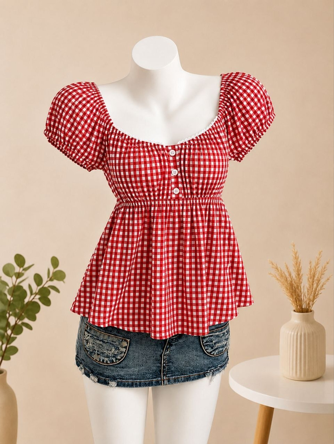 Image of Bullish Casual Puff Sleeves Checkered Women Red, White Top