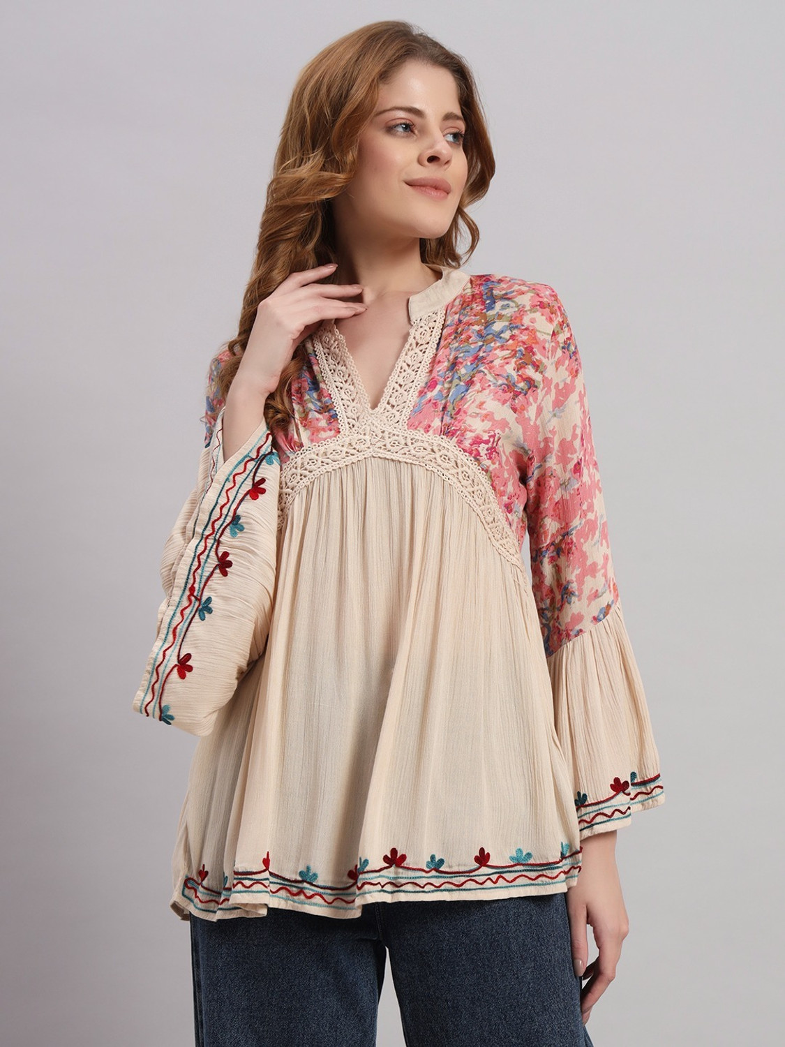 Image of Veldress Casual Bell Sleeves Floral Print, Polka Print, Embroidered Women Black Top