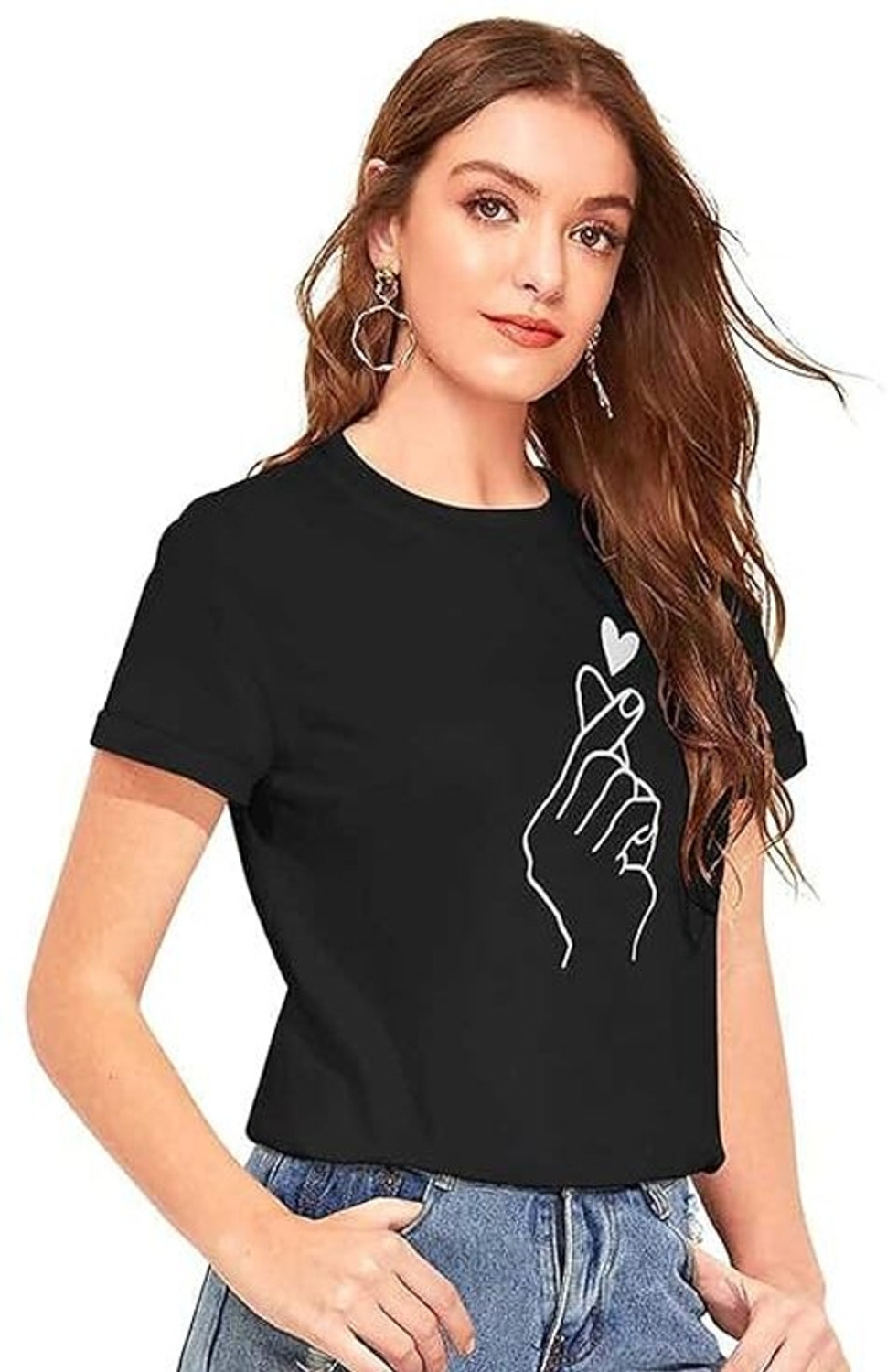 Image of Realglimpse Casual Regular Sleeves Printed Women Black Top
