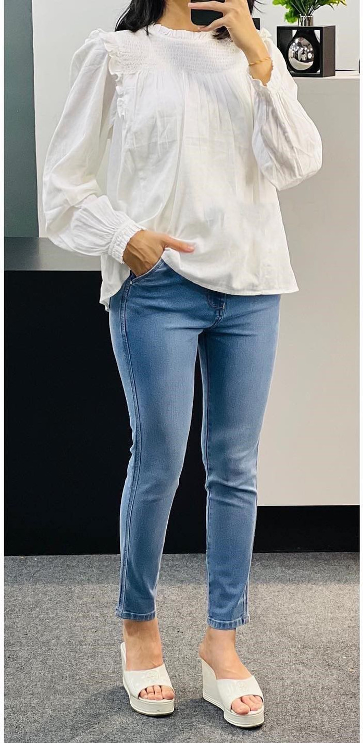 Image of Sahajanand etp Casual Balloon Sleeve Self Design Women White Top