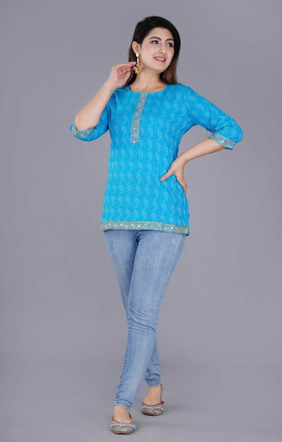 Image of AK FUSION Casual Regular Sleeves Printed Women Light Blue Top