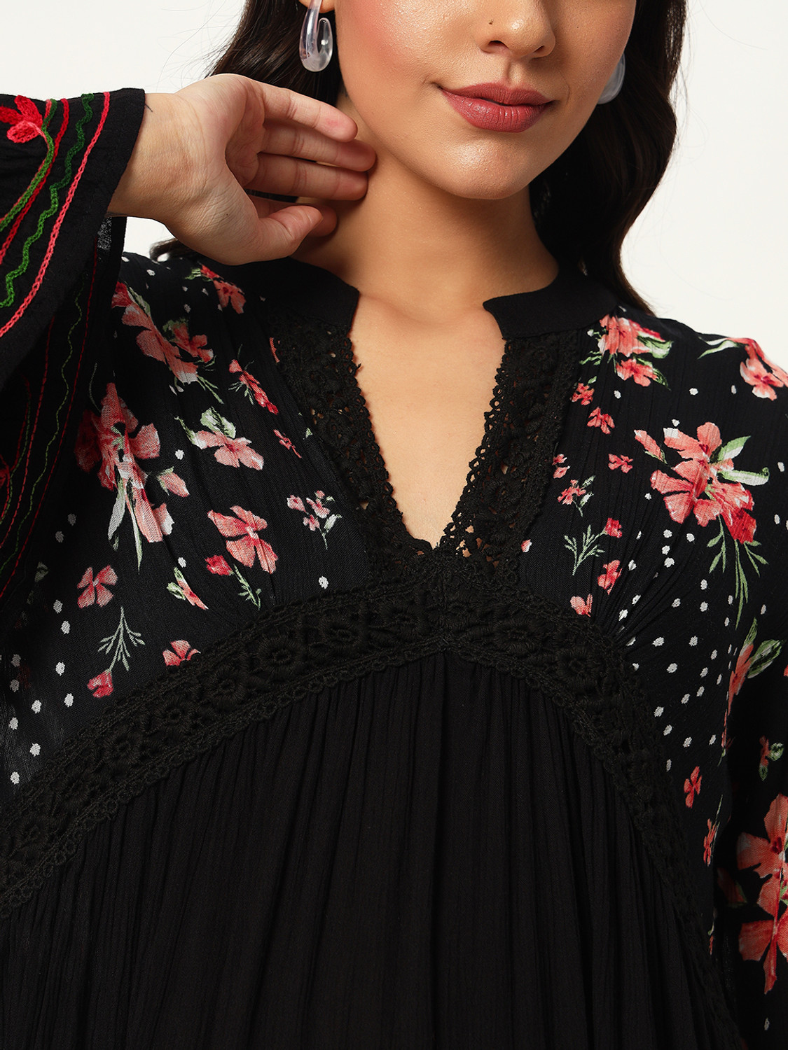 Image of Veldress Casual Bell Sleeves Floral Print, Polka Print, Embroidered Women Black Top