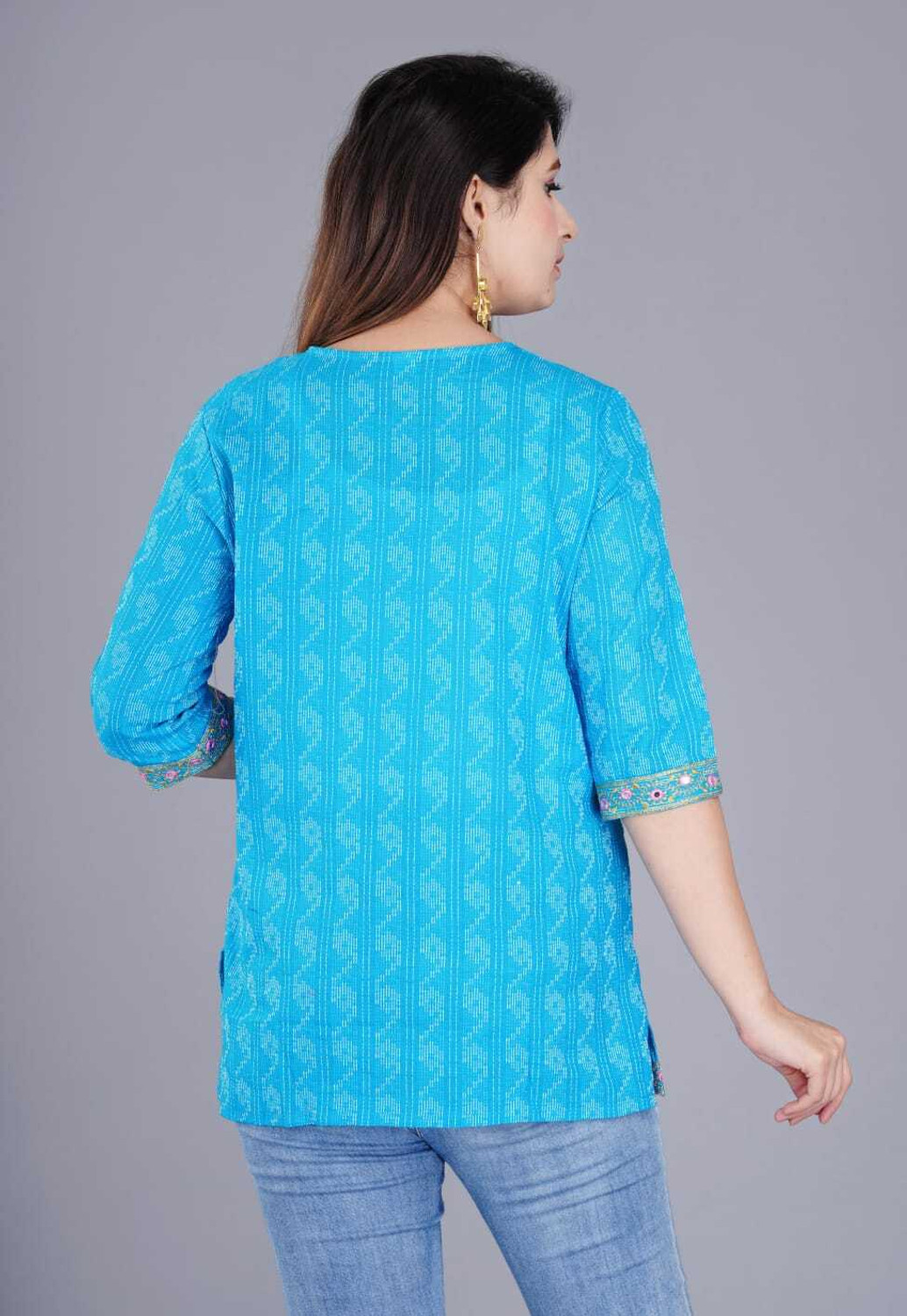 Image of AK FUSION Casual Regular Sleeves Printed Women Light Blue Top