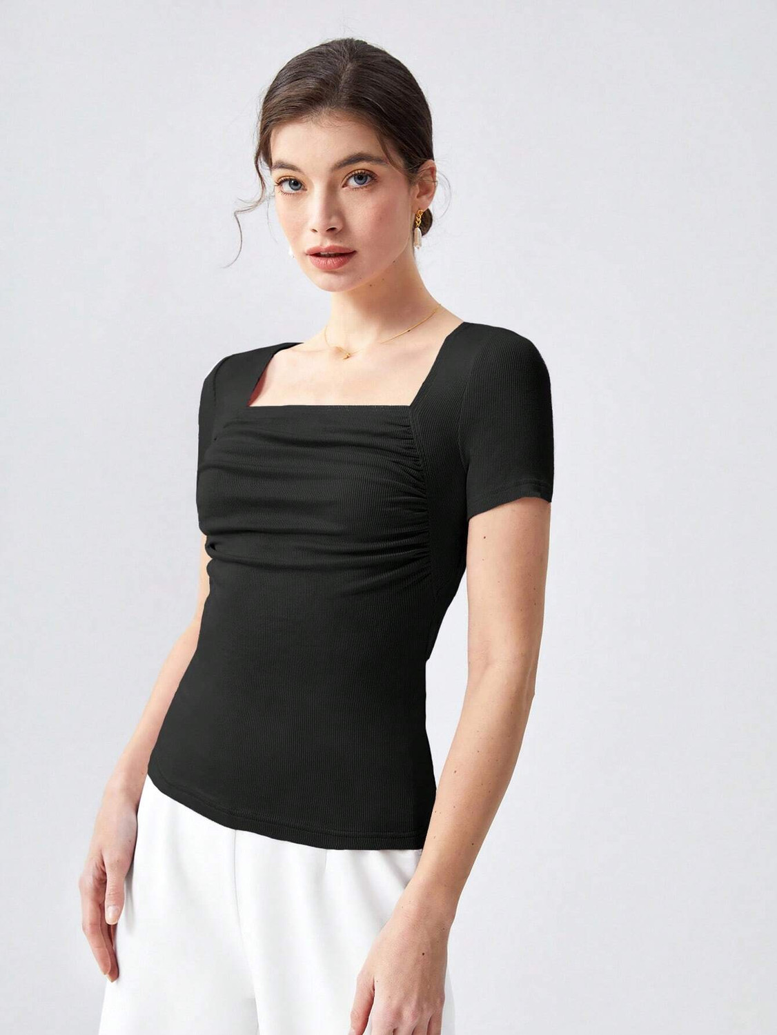 Image of KASHIAN Casual Puff Sleeves Solid Women Black Top