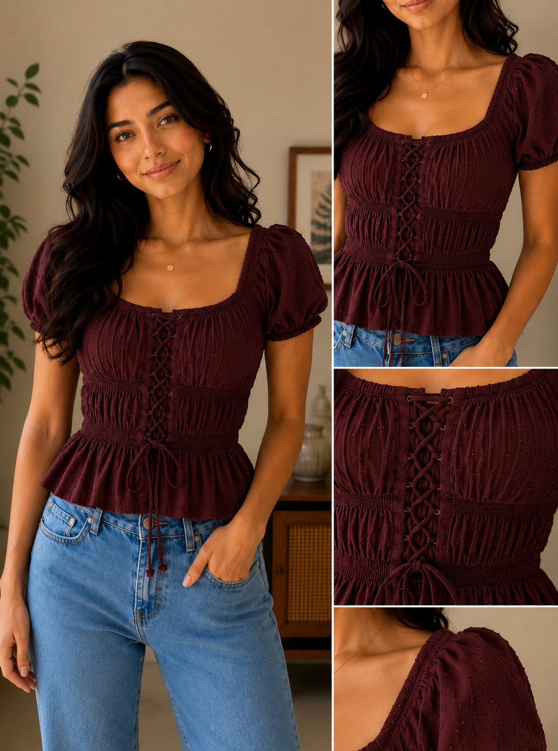 Image of namane Casual Puff Sleeves Self Design Women Yellow Top