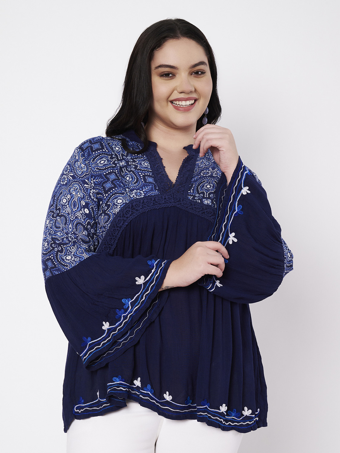 Image of Veldress Casual Bell Sleeves Floral Print, Polka Print, Embroidered Women Black Top