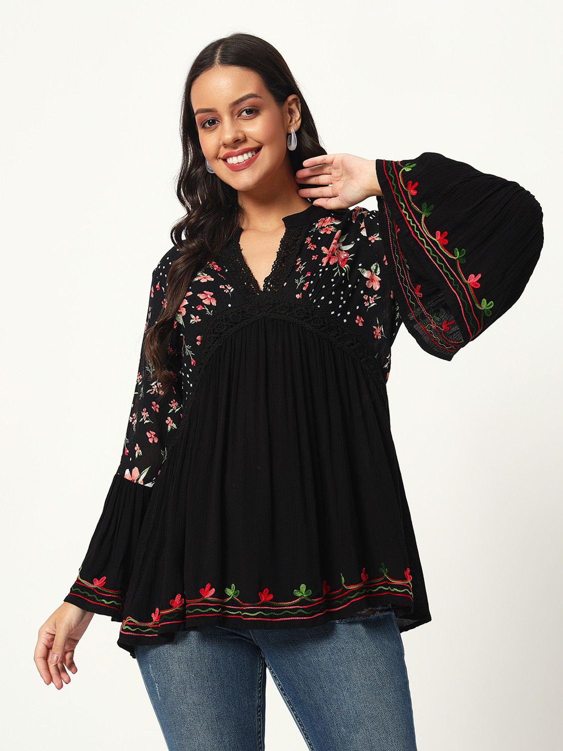 Image of Veldress Casual Bell Sleeves Floral Print, Polka Print, Embroidered Women Black Top