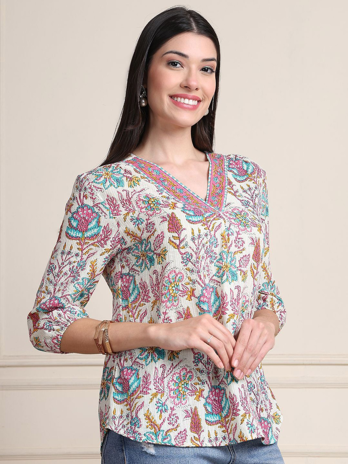 Image of Moda Rapido Casual Puff Sleeves Printed Women Pink Top