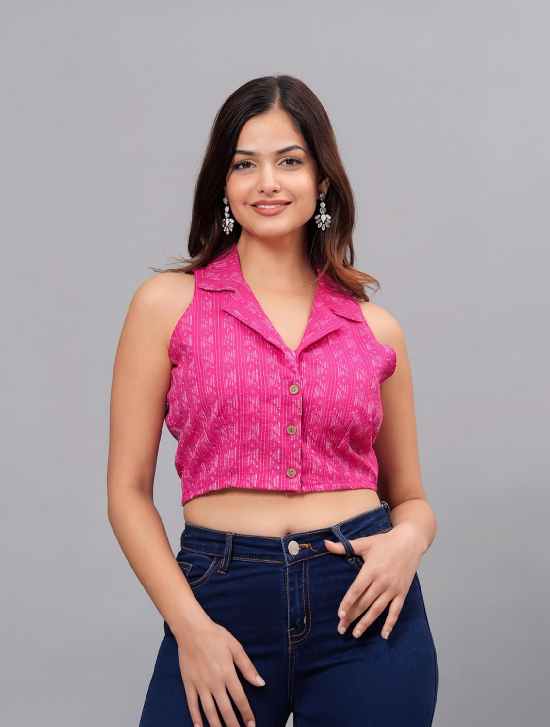 Image of Royal Marque Casual Sleeveless Self Design Women Pink, White Top