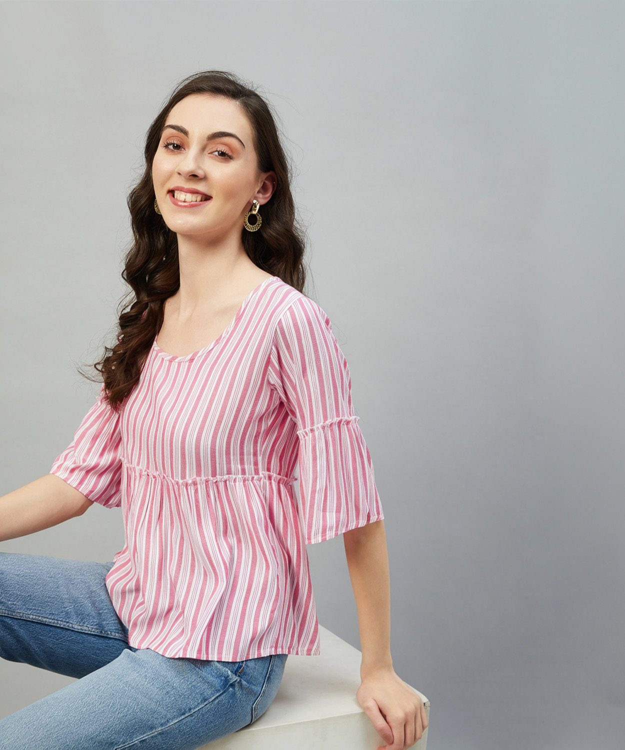 Image of ZIMA LETO Casual Bell Sleeves Striped Women Multicolor Top