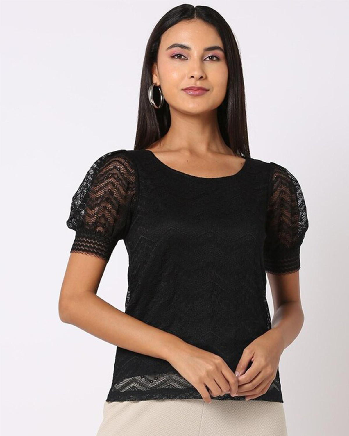 Image of RARE Casual Regular Sleeves Solid Women Black Top